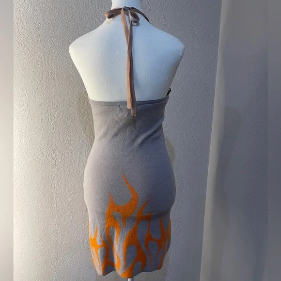 FOREVER 21 Halter Top Flame Mini Dress SZ M New With Tags Gray Orange Flames - Picture 2 of 8